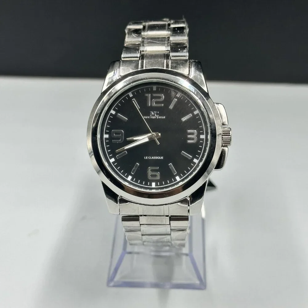 Montres Carlo Watch Men Silver Tone Black Dial Round 43MM New Battery 8.25